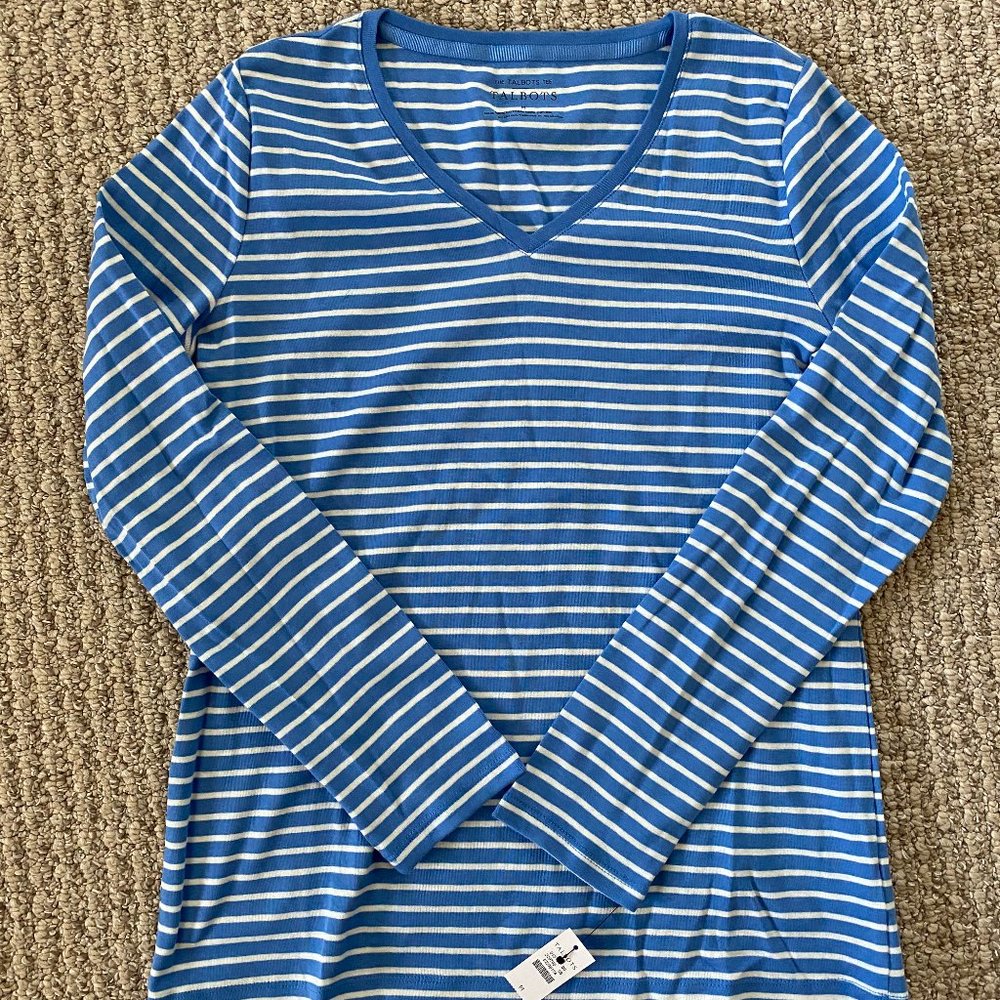 Talbots Long Sleeve V-Neck Tee Blue Stripes
